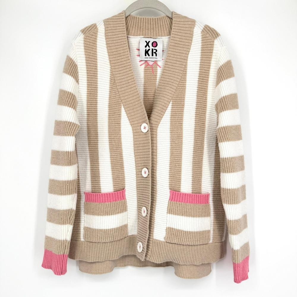 Kerri‎ Rosenthal XOKR Striped Heart Cardigan Sweater Tan White Pink Pockets S/M